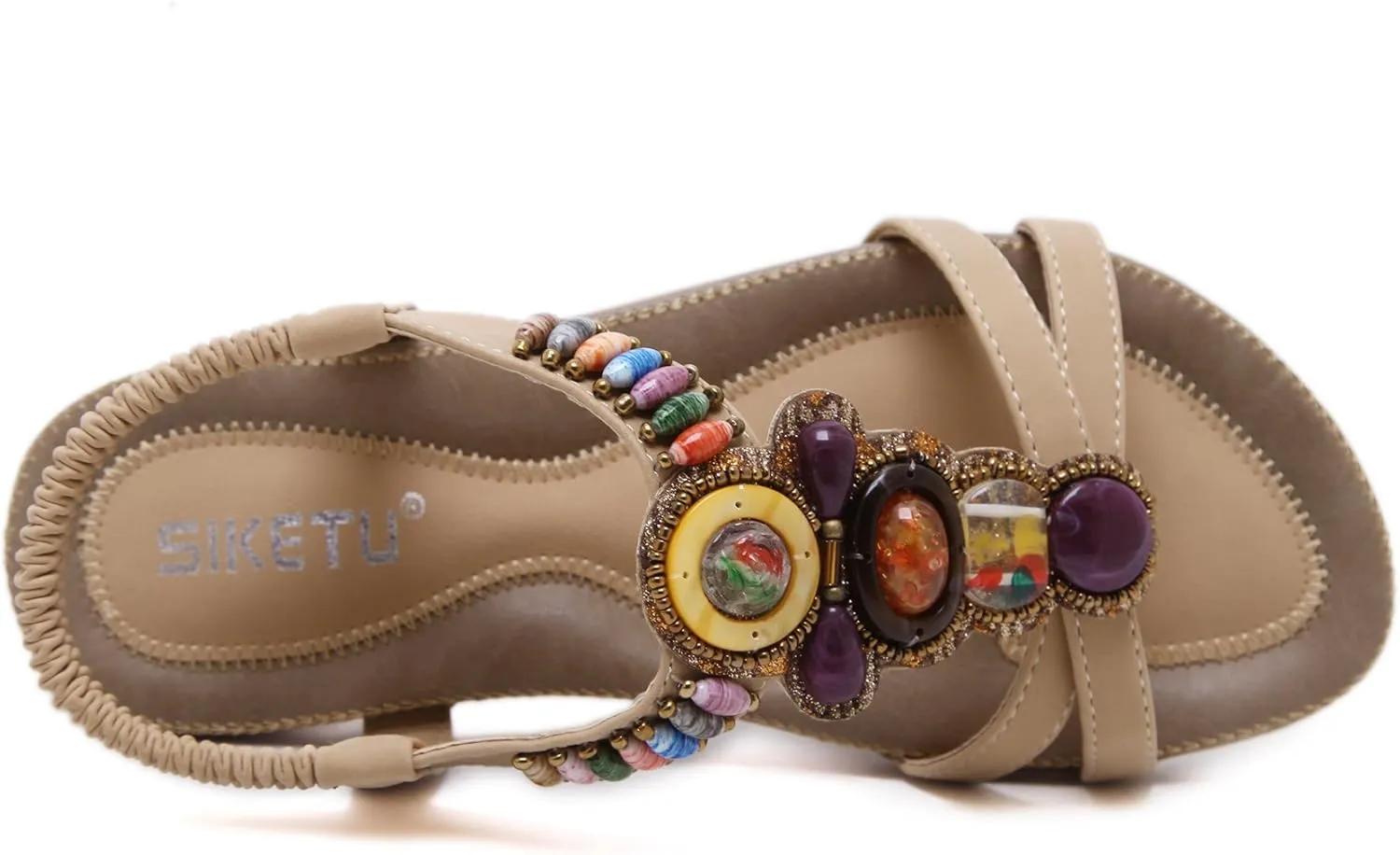 Women T-Strap Beaded Flower Gladiator Flat Dress Sandals Beach Shoes Bohemian Thong Sandal Elastic Back Strap Clip Toe Flats Sandals Summer Bohemian Rhinestone Slingback Beach Flip Flops Shoes
