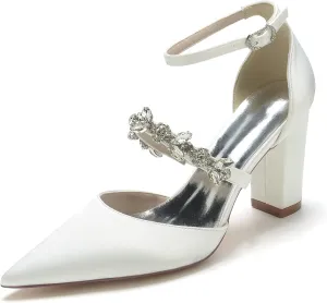 Women Vintage Wedding Bridal Rhinestone Ankle Strap High Heel Pumps Block Heel Sandal Shoes