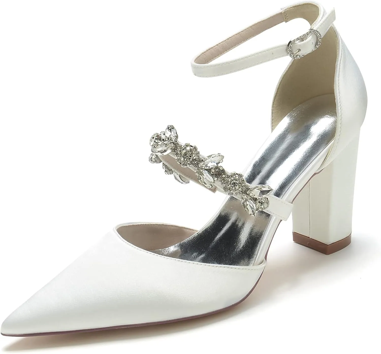 Women Vintage Wedding Bridal Rhinestone Ankle Strap High Heel Pumps Block Heel Sandal Shoes