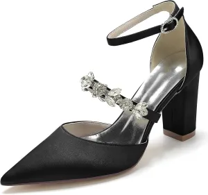 Women Vintage Wedding Bridal Rhinestone Ankle Strap High Heel Pumps Block Heel Sandal Shoes