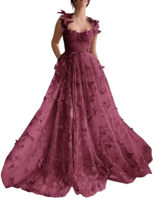 Women's 3D Butterfly Tulle Prom Dress Lace Applique Sweetheart Long Slit Formal Evening Gown