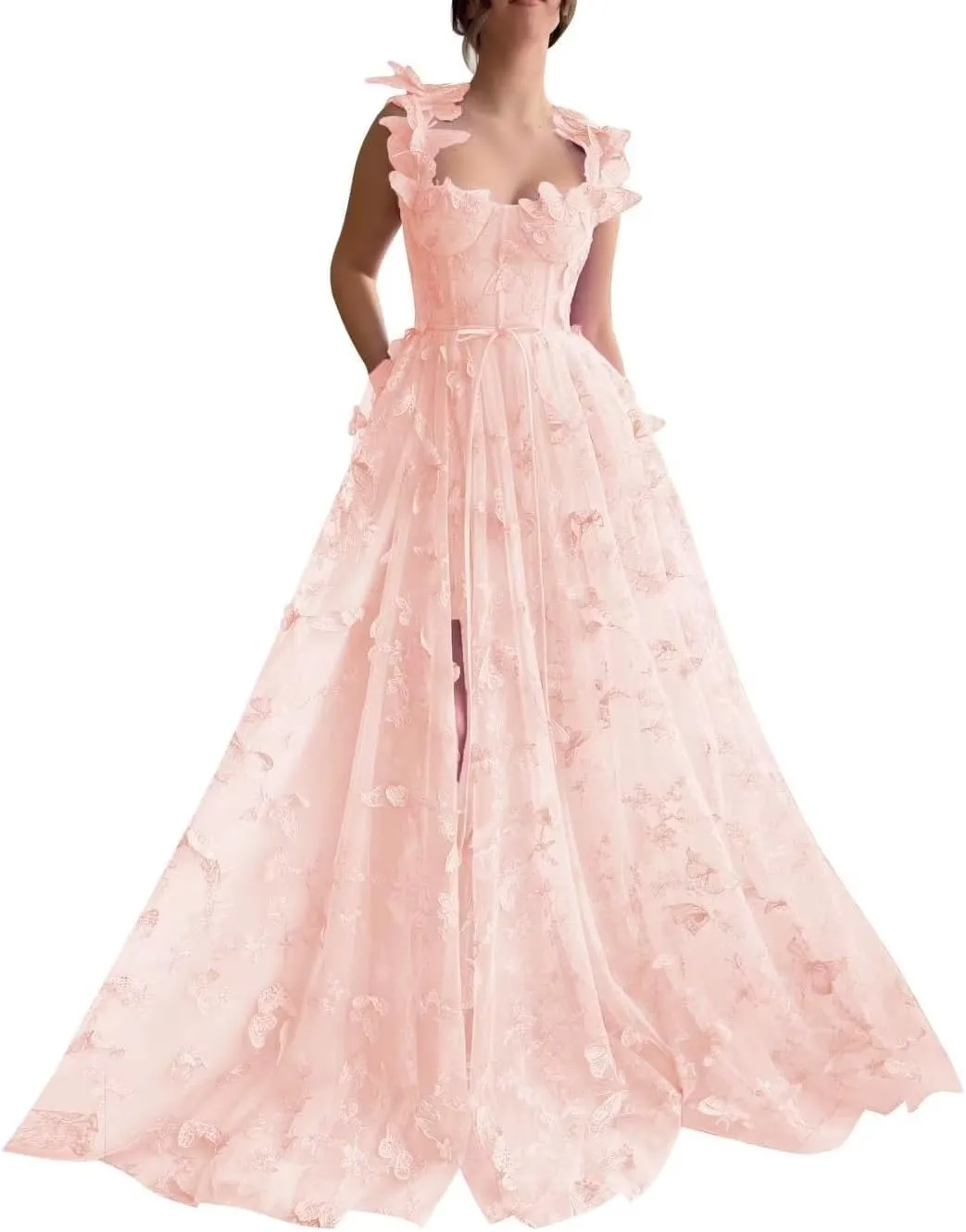 Women's 3D Butterfly Tulle Prom Dress Lace Applique Sweetheart Long Slit Formal Evening Gown
