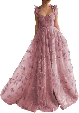 Women's 3D Butterfly Tulle Prom Dress Lace Applique Sweetheart Long Slit Formal Evening Gown