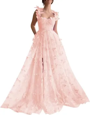 Women's 3D Butterfly Tulle Prom Dress Lace Applique Sweetheart Long Slit Formal Evening Gown