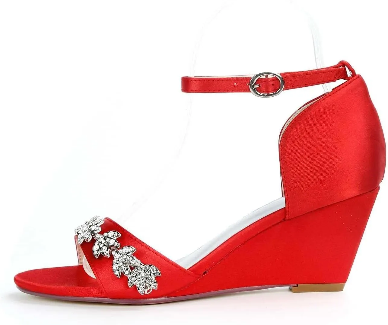 Women's Block Heel Chunky Crystal Rhinestone Ankle Strap Sandals Satin Open Toe Wedding Dress Round Toe Shoes Low Heel for Bride Evening Prom Party Pumps