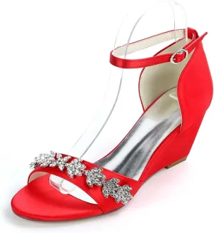 Women's Block Heel Chunky Crystal Rhinestone Ankle Strap Sandals Satin Open Toe Wedding Dress Round Toe Shoes Low Heel for Bride Evening Prom Party Pumps