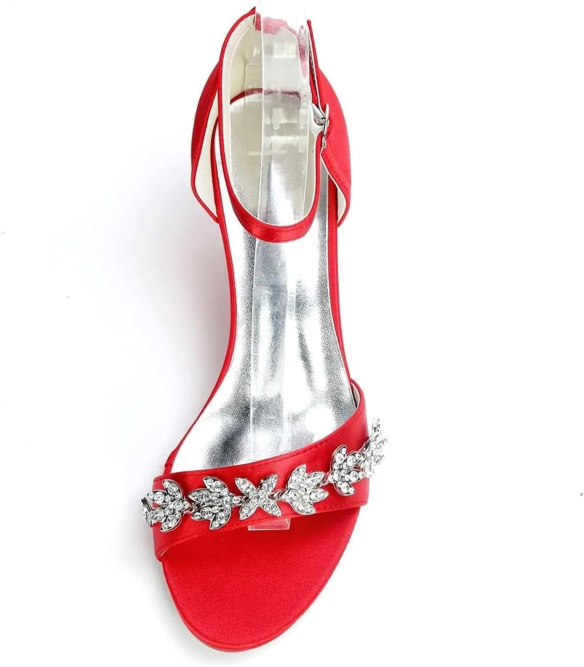 Women's Block Heel Chunky Crystal Rhinestone Ankle Strap Sandals Satin Open Toe Wedding Dress Round Toe Shoes Low Heel for Bride Evening Prom Party Pumps