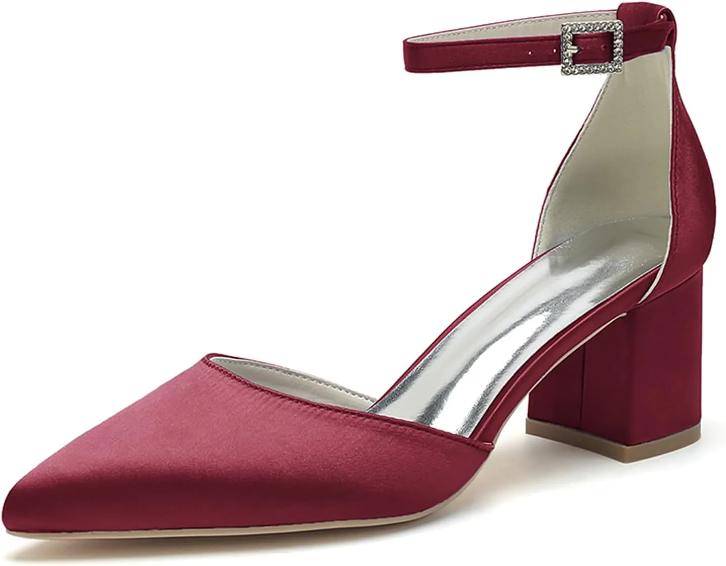 Women's Block Heels Satin Bridal Wedding Shoes CG2102-01 Pointed Toe Ankle Strap Court Shoes 2.36in/6cm