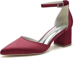 Women's Block Heels Satin Bridal Wedding Shoes CG2102-01 Pointed Toe Ankle Strap Court Shoes 2.36in/6cm