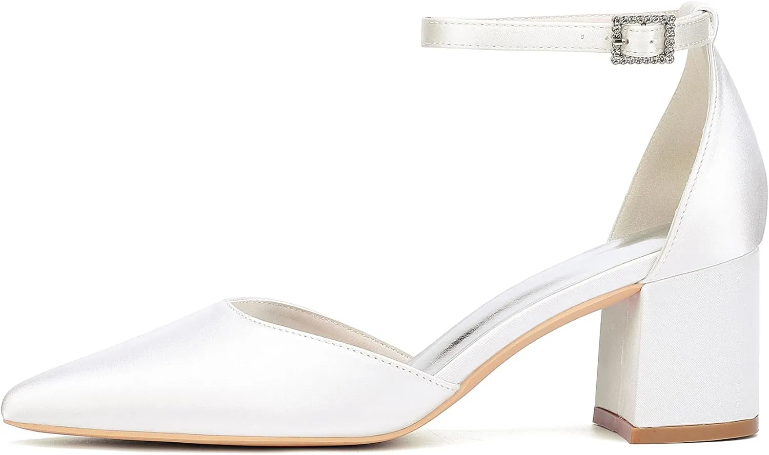 Womens Block Heels Satin Bridal Wedding Shoes CG2102-01 Pointed Toe Ankle Strap Court Shoes 2.36in