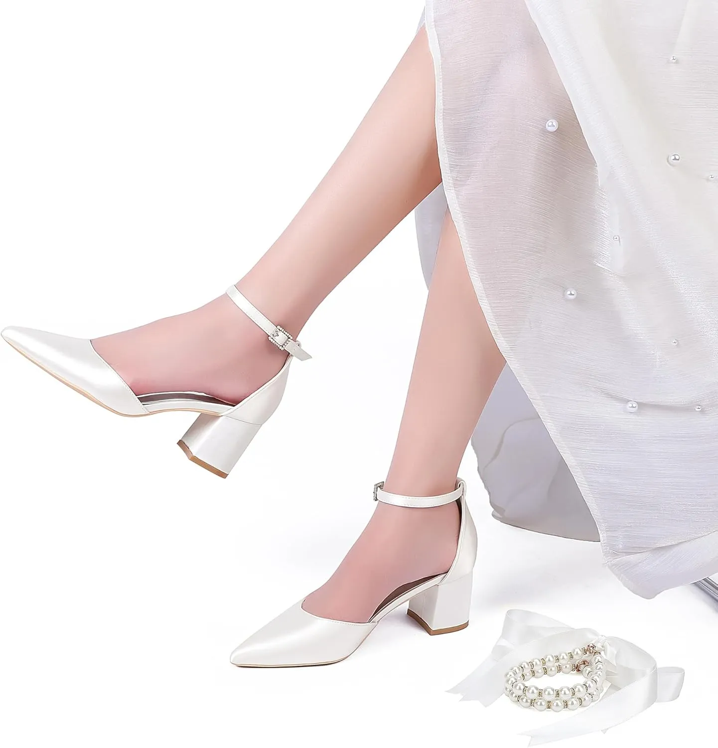 Womens Block Heels Satin Bridal Wedding Shoes CG2102-01 Pointed Toe Ankle Strap Court Shoes 2.36in