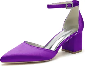 Womens Block Heels Satin Bridal Wedding Shoes CG2102-01 Pointed Toe Ankle Strap Court Shoes 2.36in