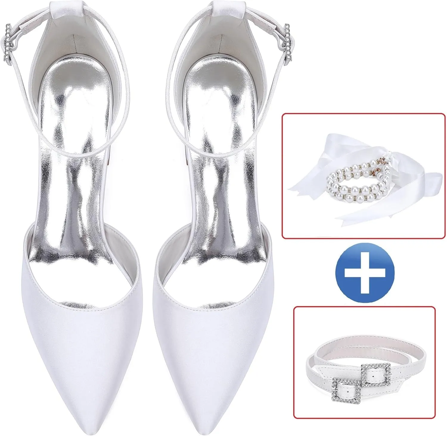 Womens Block Heels Satin Bridal Wedding Shoes CG2102-01 Pointed Toe Ankle Strap Court Shoes 2.36in