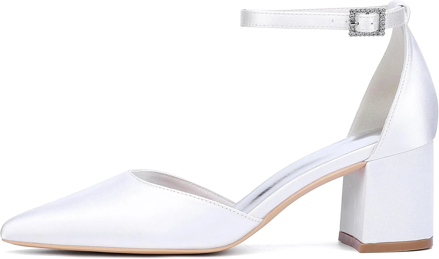 Womens Block Heels Satin Bridal Wedding Shoes CG2102-01 Pointed Toe Ankle Strap Court Shoes 2.36in
