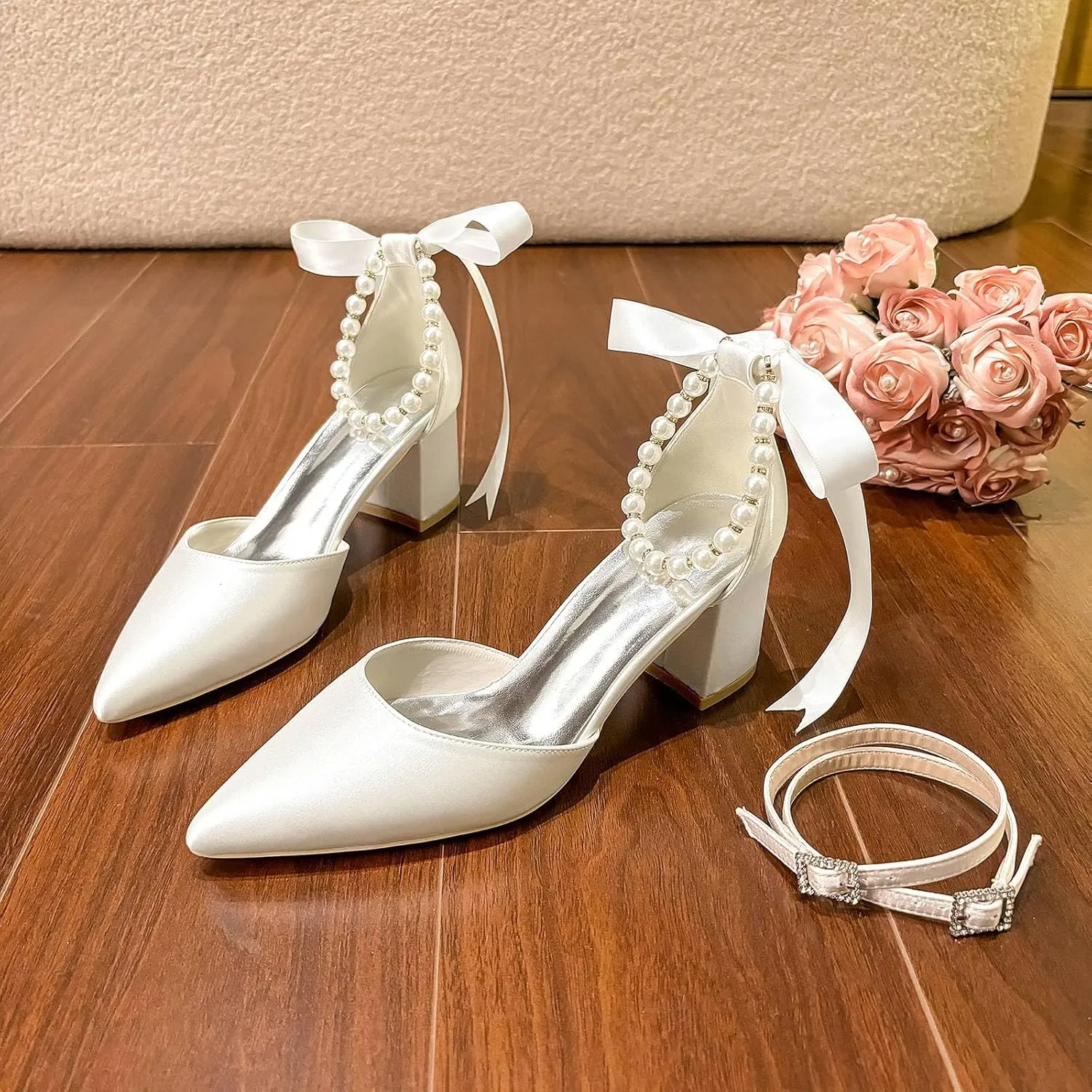 Womens Block Heels Satin Bridal Wedding Shoes CG2102-01 Pointed Toe Ankle Strap Court Shoes 2.36in