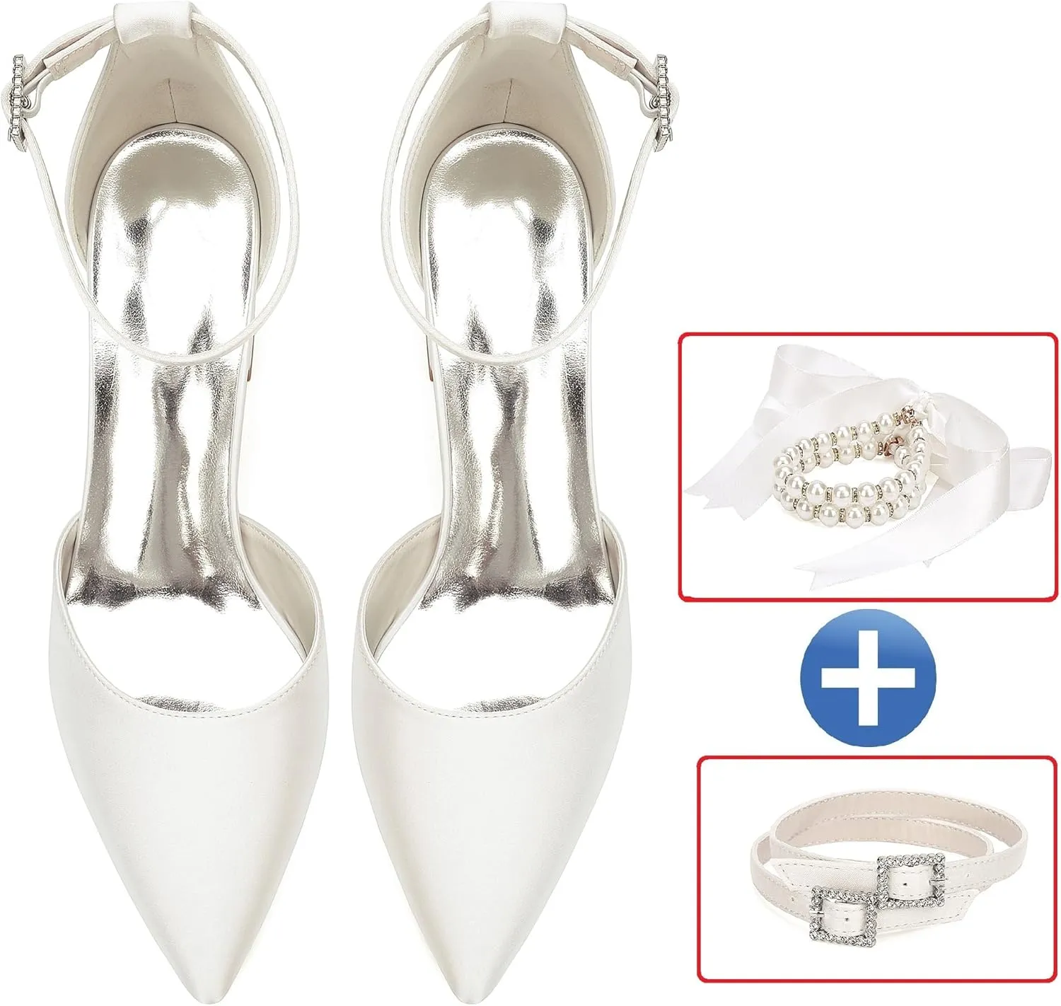 Womens Block Heels Satin Bridal Wedding Shoes CG2102-01 Pointed Toe Ankle Strap Court Shoes 2.36in