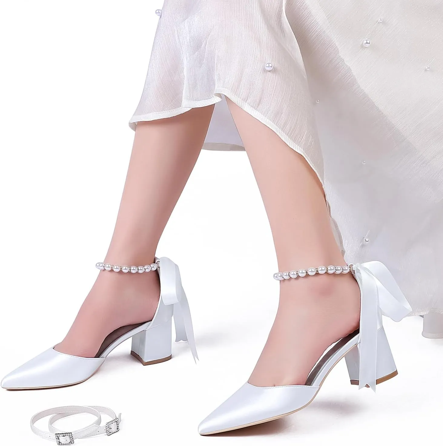 Womens Block Heels Satin Bridal Wedding Shoes CG2102-01 Pointed Toe Ankle Strap Court Shoes 2.36in