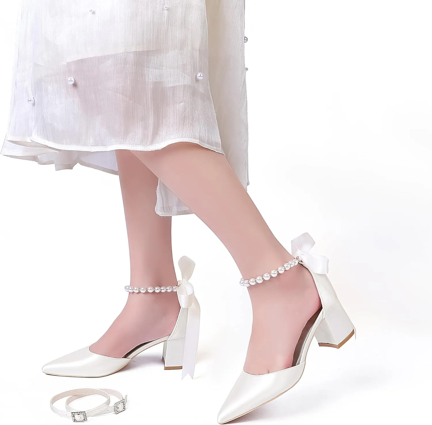 Womens Block Heels Satin Bridal Wedding Shoes CG2102-01 Pointed Toe Ankle Strap Court Shoes 2.36in