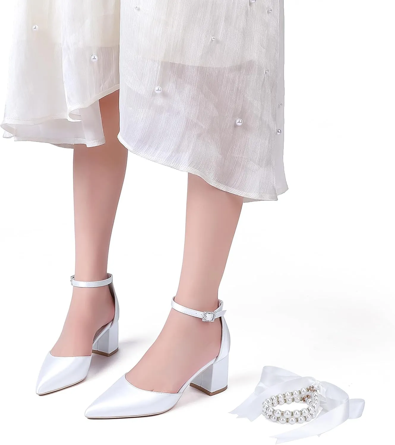 Womens Block Heels Satin Bridal Wedding Shoes CG2102-01 Pointed Toe Ankle Strap Court Shoes 2.36in