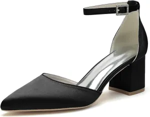 Womens Block Heels Satin Bridal Wedding Shoes CG2102-01 Pointed Toe Ankle Strap Court Shoes 2.36in