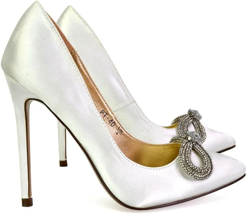 Womens Bow Court Shoes Ladies Slip On High Heel Stilettos Bridal Party Pointed Toe Size 3-8