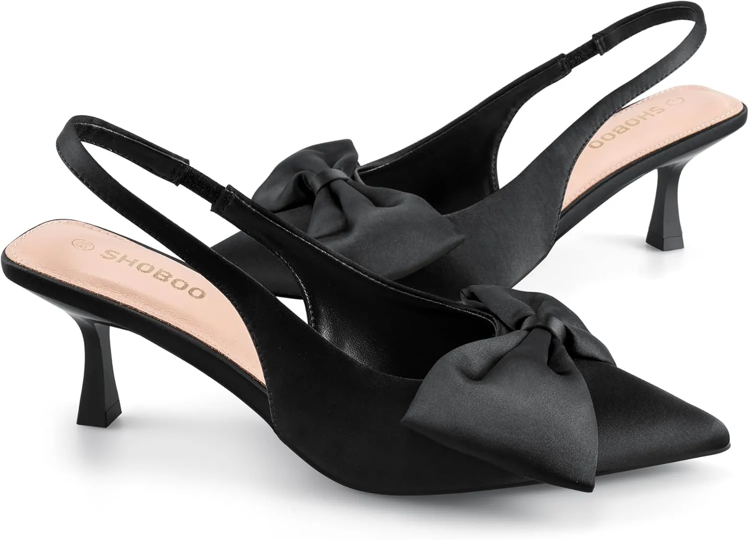 Women's Bow Slingback Heels Pointed Toe Kitten Pumps Dress Shoes with Elastic Strap - 2.4'' Inches Height
