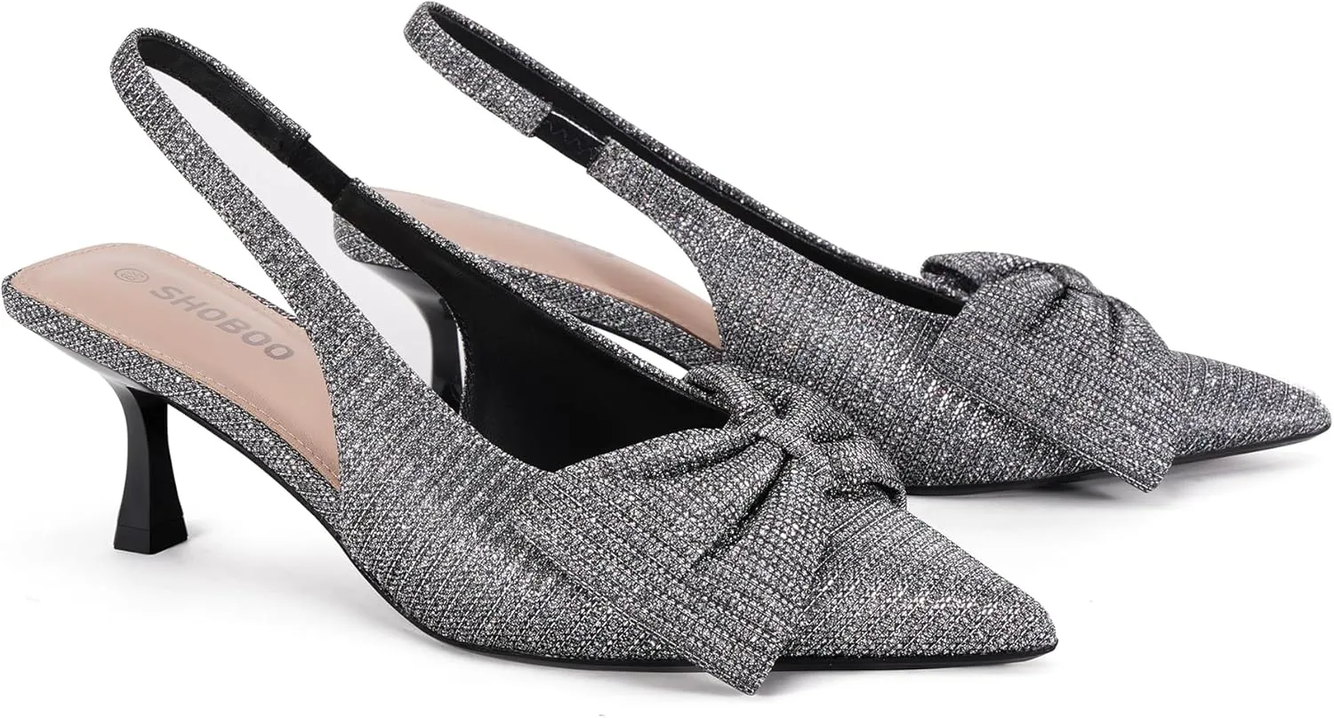 Women's Bow Slingback Heels Pointed Toe Kitten Pumps Dress Shoes with Elastic Strap - 2.4'' Inches Height