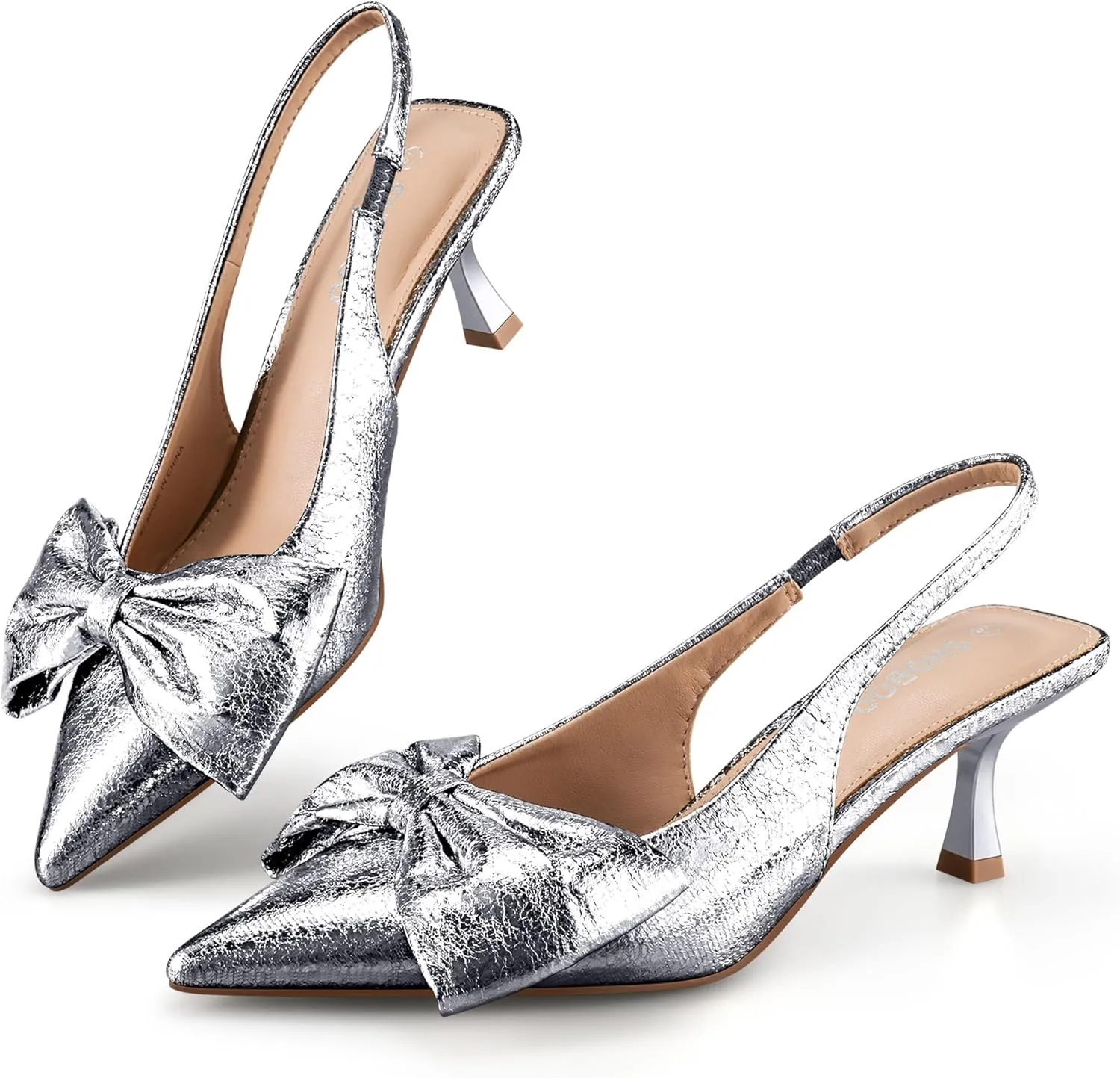 Women's Bow Slingback Heels Pointed Toe Kitten Pumps Dress Shoes with Elastic Strap - 2.4'' Inches Height