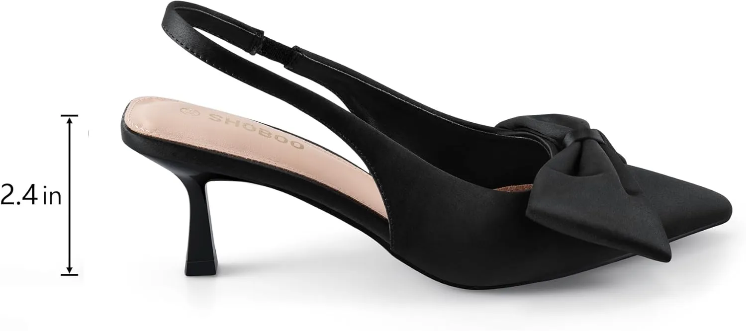 Women's Bow Slingback Heels Pointed Toe Kitten Pumps Dress Shoes with Elastic Strap - 2.4'' Inches Height