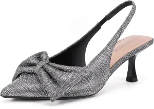 Women's Bow Slingback Heels Pointed Toe Kitten Pumps Dress Shoes with Elastic Strap - 2.4'' Inches Height