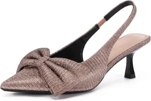 Women's Bow Slingback Heels Pointed Toe Kitten Pumps Dress Shoes with Elastic Strap - 2.4'' Inches Height