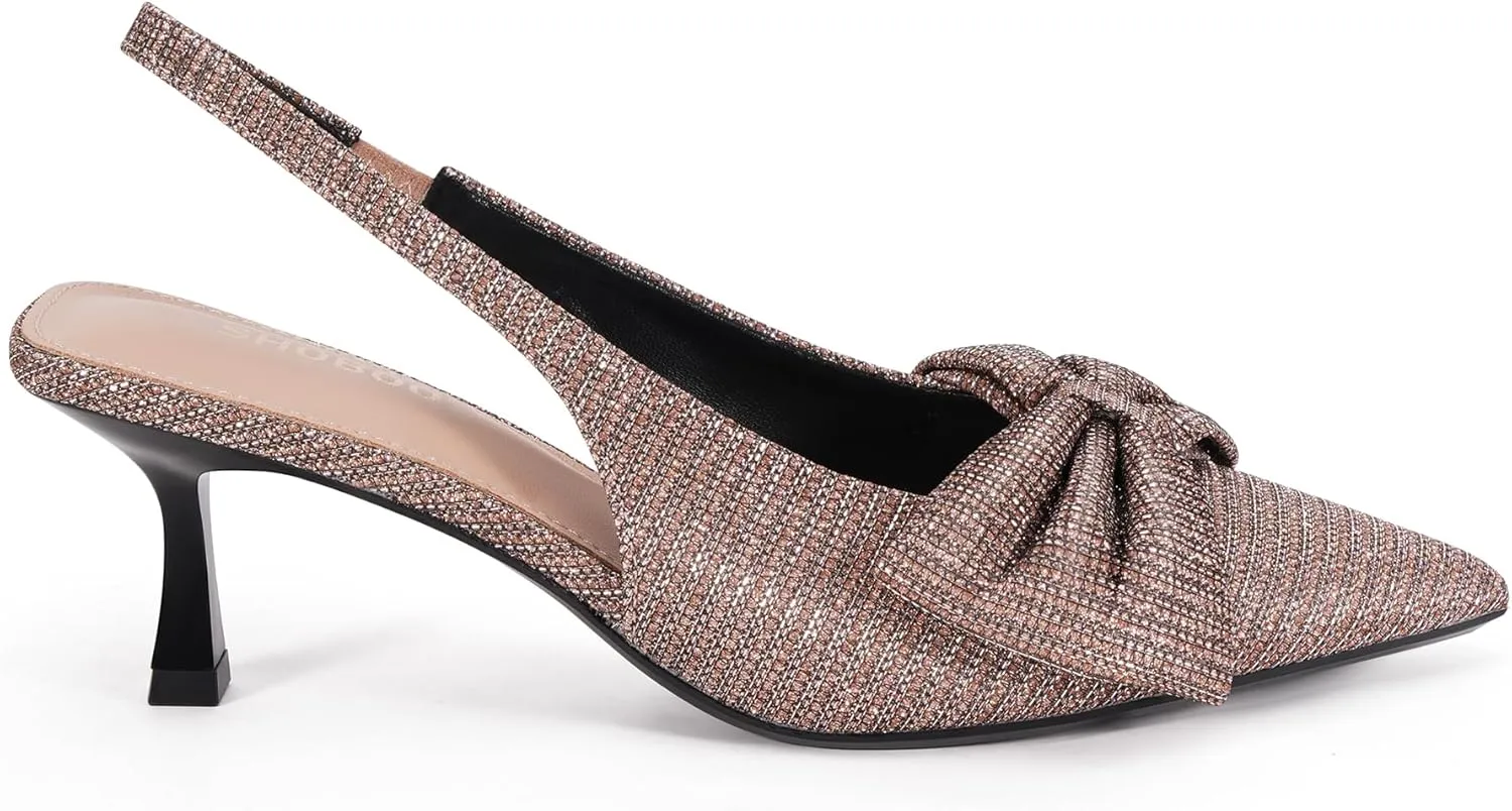 Women's Bow Slingback Heels Pointed Toe Kitten Pumps Dress Shoes with Elastic Strap - 2.4'' Inches Height