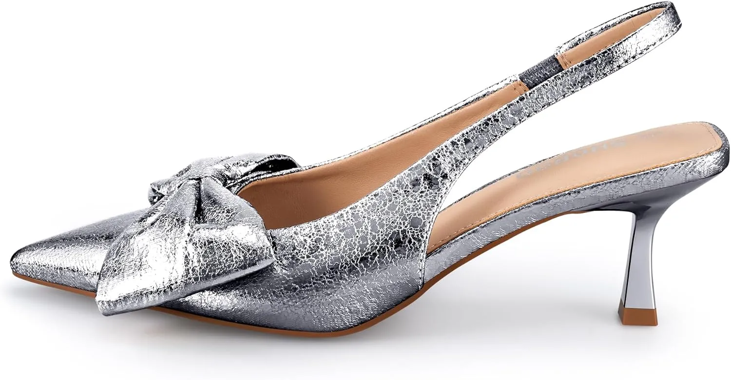 Women's Bow Slingback Heels Pointed Toe Kitten Pumps Dress Shoes with Elastic Strap - 2.4'' Inches Height