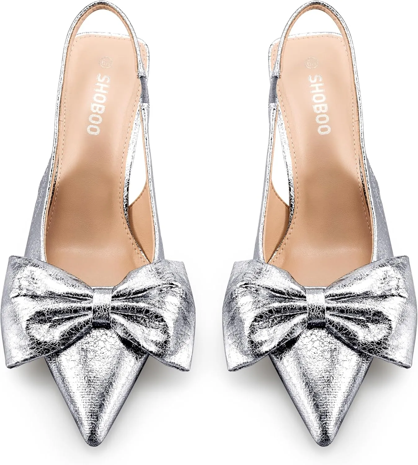 Women's Bow Slingback Heels Pointed Toe Kitten Pumps Dress Shoes with Elastic Strap - 2.4'' Inches Height