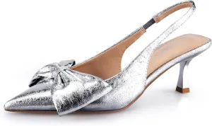 Women's Bow Slingback Heels Pointed Toe Kitten Pumps Dress Shoes with Elastic Strap - 2.4'' Inches Height