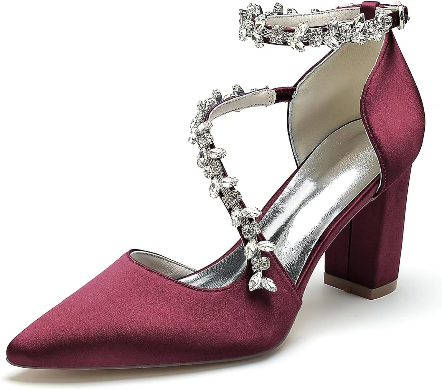 Women's Bridal Pumps Pointed Toe Court Shoes Chunky Block High Heels Satin Prom Dress Party Wedding Shoes with Rhinestone Ankle Strap