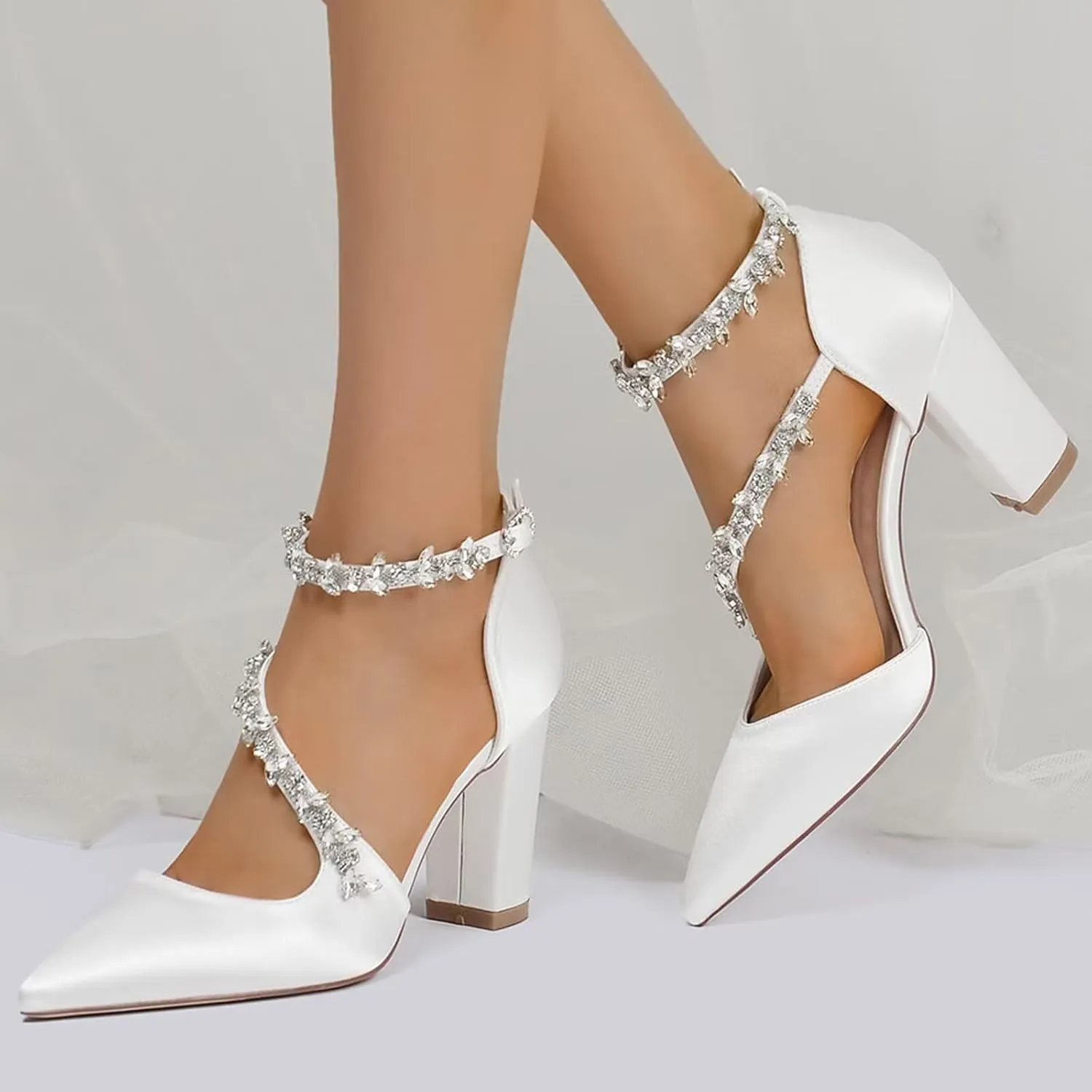Women's Bridal Pumps Pointed Toe Court Shoes Chunky Block High Heels Satin Prom Dress Party Wedding Shoes with Rhinestone Ankle Strap