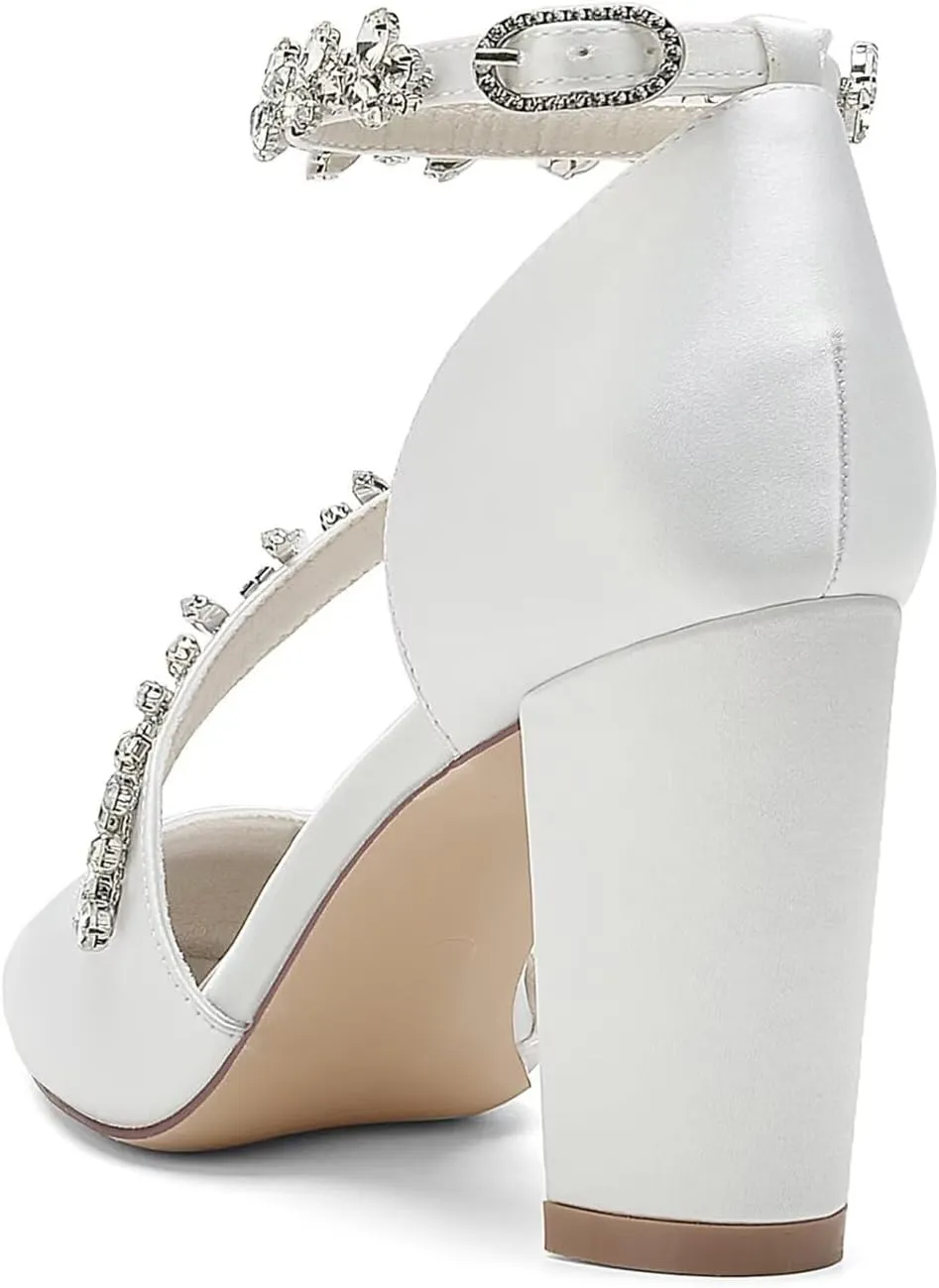 Women's Bridal Pumps Pointed Toe Court Shoes Chunky Block High Heels Satin Prom Dress Party Wedding Shoes with Rhinestone Ankle Strap
