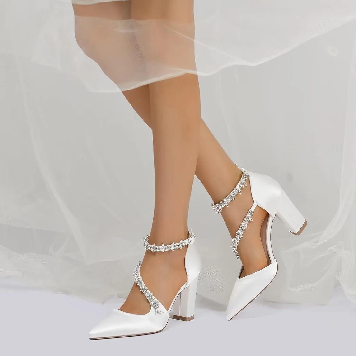 Women's Bridal Pumps Pointed Toe Court Shoes Chunky Block High Heels Satin Prom Dress Party Wedding Shoes with Rhinestone Ankle Strap