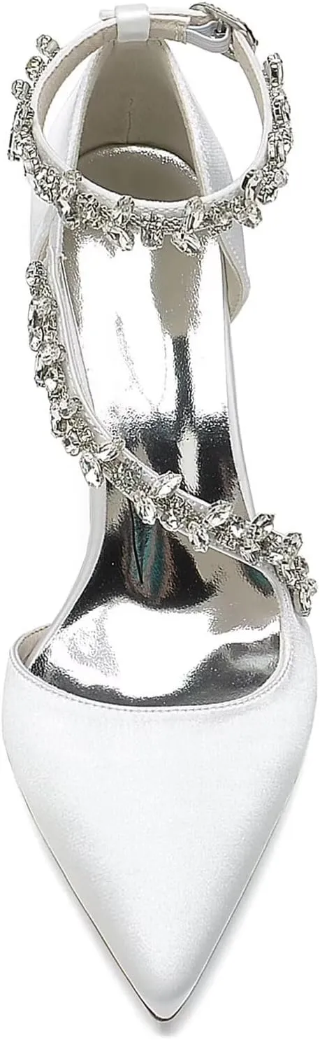 Women's Bridal Pumps Pointed Toe Court Shoes Chunky Block High Heels Satin Prom Dress Party Wedding Shoes with Rhinestone Ankle Strap