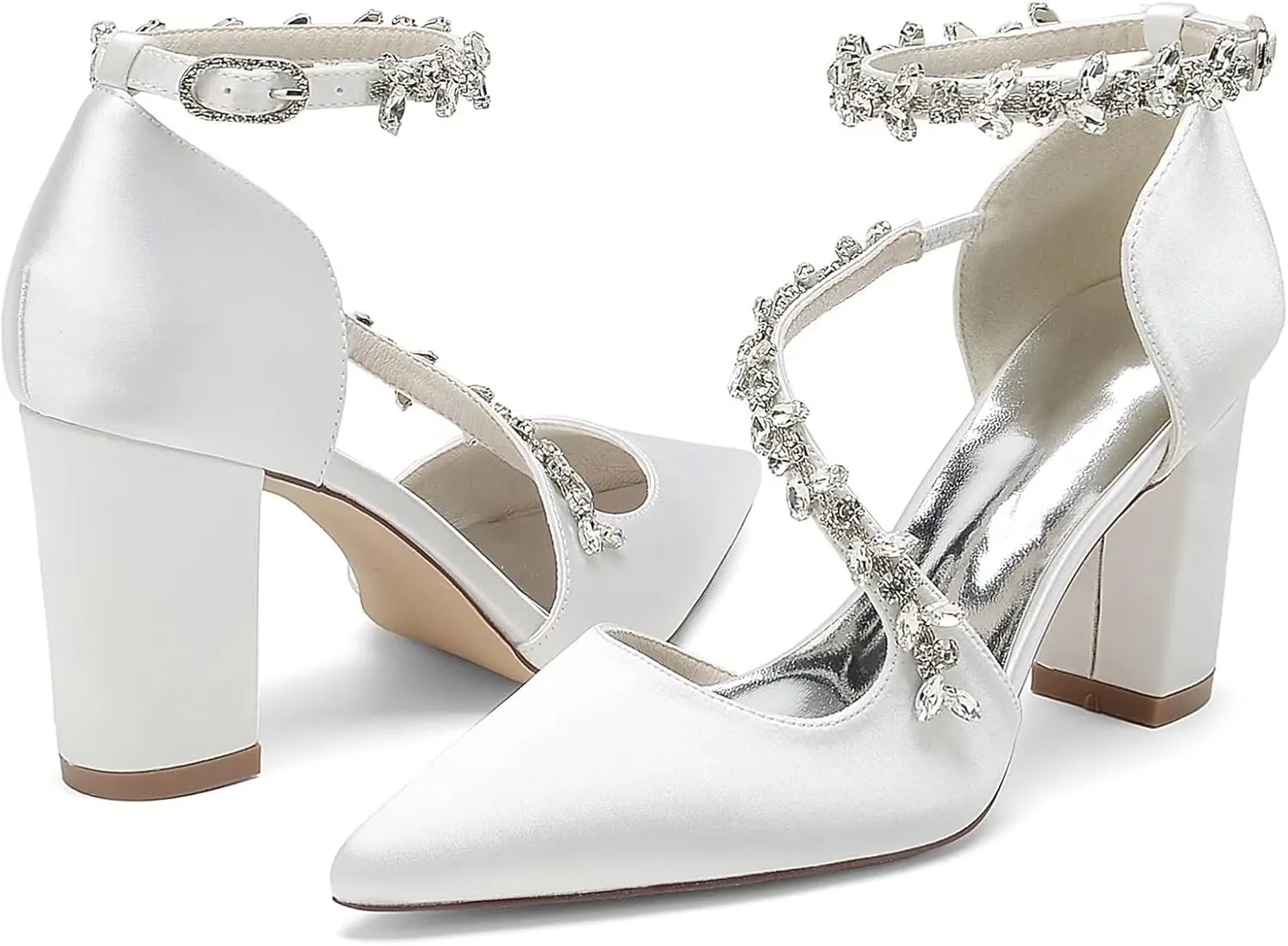 Women's Bridal Pumps Pointed Toe Court Shoes Chunky Block High Heels Satin Prom Dress Party Wedding Shoes with Rhinestone Ankle Strap