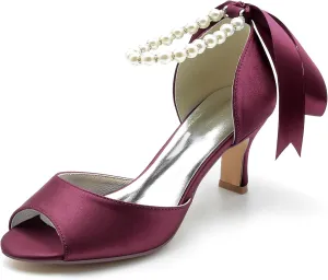 Women's Bridal Sandals Peep Toe Mid Heel Pumps Pearls Satin Ankle Ribbon Tie Strap Strap Evening Party Prom Wedding Dress Shoes