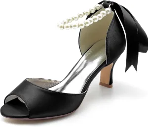 Women's Bridal Sandals Peep Toe Mid Heel Pumps Pearls Satin Ankle Ribbon Tie Strap Strap Evening Party Prom Wedding Dress Shoes