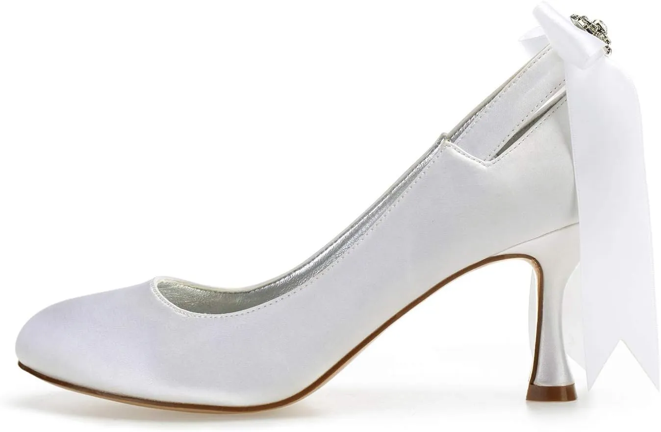 Women's Bridal Shoes 2.7" High Heel Lace Satin Pumps Satin Ribbon Tie Wedding Shoes