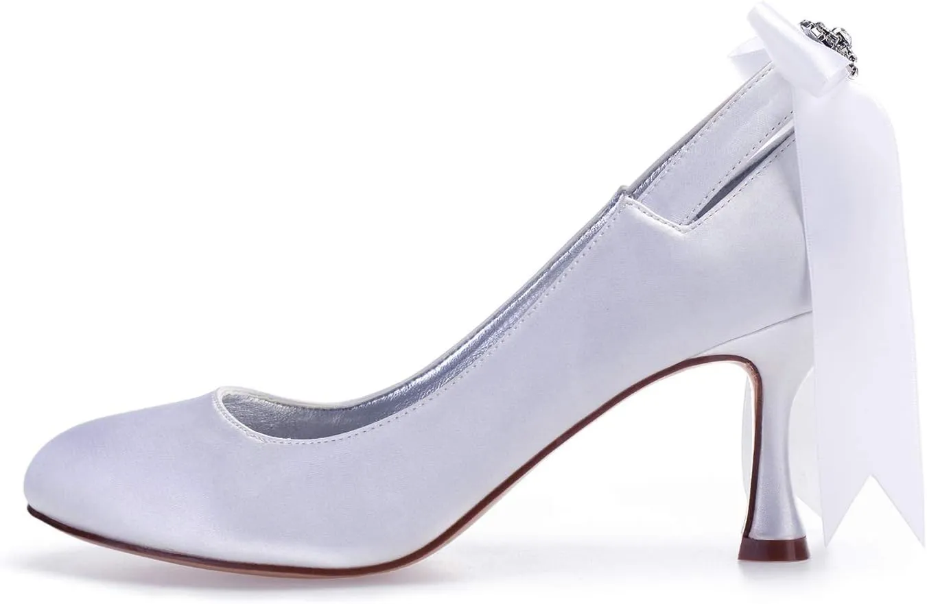 Women's Bridal Shoes 2.7" High Heel Lace Satin Pumps Satin Ribbon Tie Wedding Shoes
