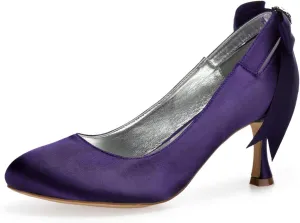 Women's Bridal Shoes 2.7" High Heel Lace Satin Pumps Satin Ribbon Tie Wedding Shoes,Dark Purple,10
