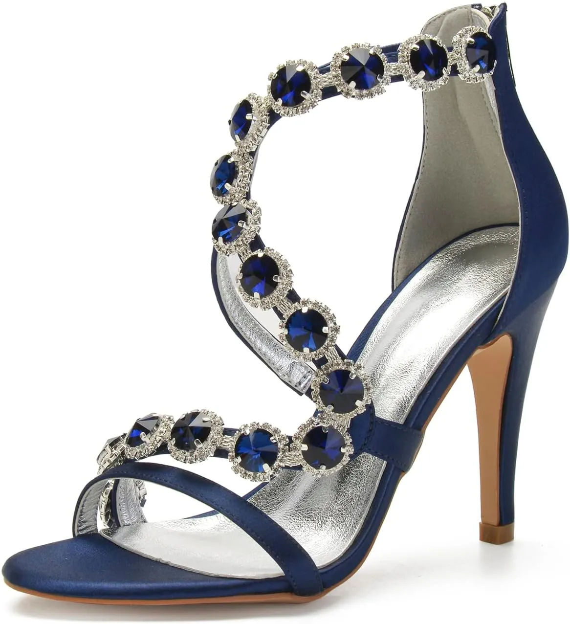 Women's Bridal Wedding Sandals High Heels Crystal Satin Ankle Strap Rhinestones Zipper Back Formal Evening Prom Party Dress Shoes Pumps
