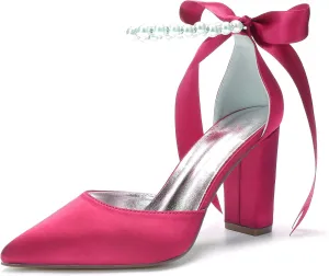 Women's Closed Pointed Toe High Chunky Heels Pumps with Pearls Block Heel Bridal Business Dressy Shoes
