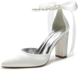 Women's Closed Pointed Toe High Chunky Heels Pumps with Pearls Block Heel Bridal Business Dressy Shoes