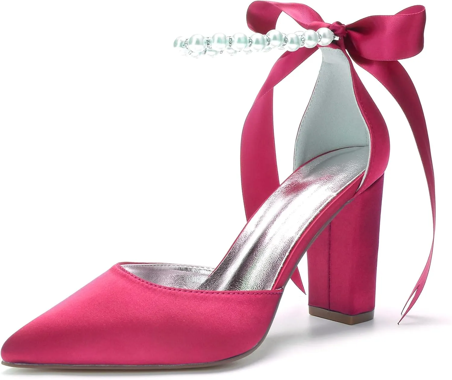 Women's Closed Pointed Toe High Chunky Heels Pumps with Pearls Block Heel Bridal Business Dressy Shoes